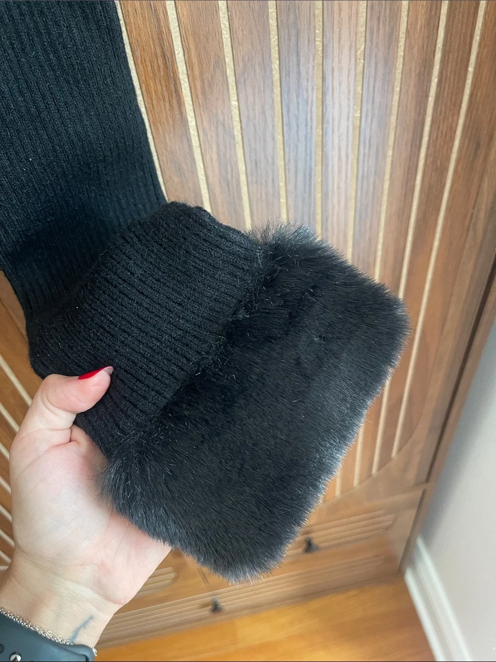Fashion Nova Black Ribbed Sweater with Faux Fur Cuffs, Winter Chic